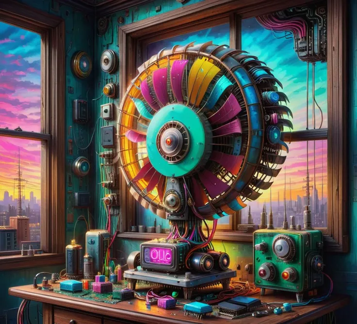 oil painting of a antique ral-elctrprts robotic fan, old apartment window, Psychedelic, neon Visionary art, DMT, LSD, Science Fiction, circuits, circuit, transistors, wires, trending on art station, <lora:ral-elctrprts:1> <lora:drkkaw-V2_epoch_5:0.3>,