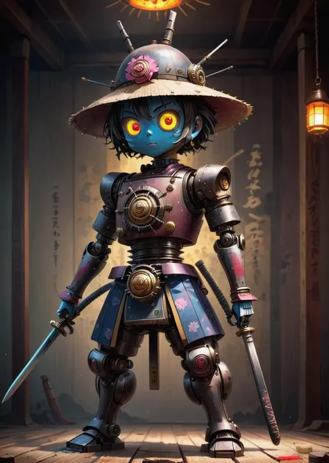 Anime style, samurai robot, wearing jingasa Japanese hat, full body, brandishing a sword, Samurai Champloo Style, dramatic lighting, trending on art station, Science Fiction, digital art, digital composition, <lora:drkkaw_epoch_10:0.5>