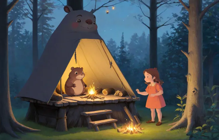 This one time and friend and I went out to play in the back yard and we met a talking beaver who was building a tree fort,style of Maurice Sendak,dusk,