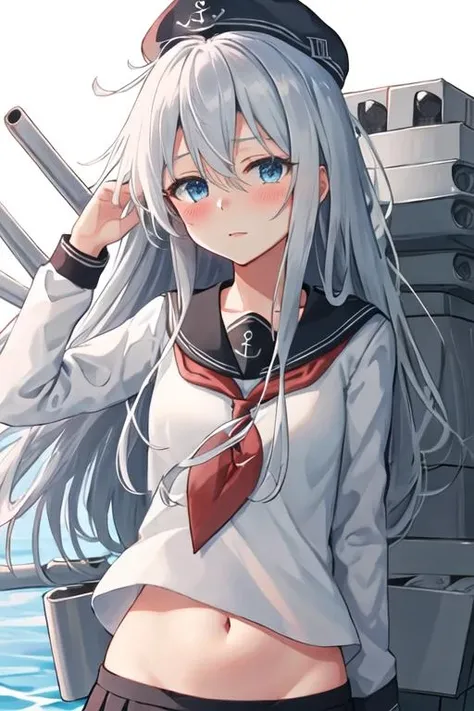 best quality, masterpiece, highres, solo, {hibiki_kantaicollection:1.15}, long_hair, blue_eyes, blush, hair_between_eyes, serafuku, grey_hair, hat, white_hair, anchor_symbol