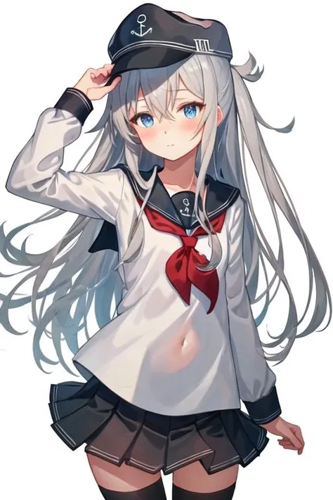 (masterpiece), highly detailed, best quality, (high resolution), 8k, 1girl, solo, long_hair, blue_eyes, blush, hair_between_eyes, serafuku, grey_hair, hat, white_hair, anchor_symbol,