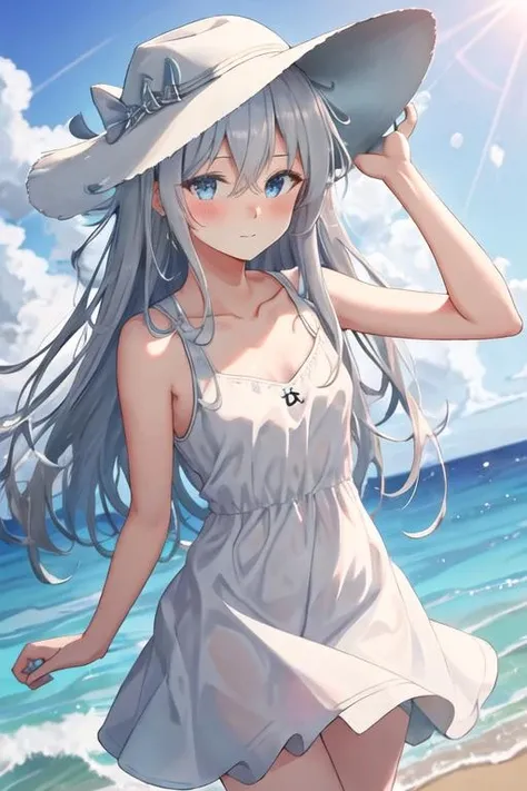 best quality, masterpiece, highres, solo, {hibiki_kantaicollection:1.15}, long_hair, blue_eyes, blush, hair_between_eyes, serafuku, grey_hair, hat, white_hair, anchor_symbol, 1girl, dress, looking_at_viewer, alternate_costume, bare_shoulders, collarbone, sundress, white_dress, day, outdoors, sky, cloud, hand_on_headwear, sleeveless_dress, sun_hat, blue_sky, closed_mouth, sleeveless, white_headwear