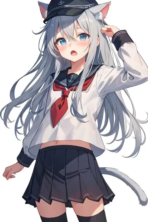 best quality, masterpiece, highres, solo, {hibiki_kantaicollection:1.15}, long_hair, blue_eyes, blush, hair_between_eyes, serafuku, grey_hair, hat, white_hair, anchor_symbol, 1girl, flat_cap, hammer_and_sickle, looking_at_viewer, star_\(symbol\), long_sleeves, white_headwear, white_background, simple_background, animal_ears, cat_ears, open_mouth, school_uniform