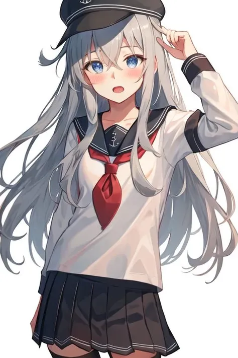 best quality, masterpiece, highres, solo, {hibiki_kantaicollection:1.15}, long_hair, blue_eyes, blush, hair_between_eyes, serafuku, grey_hair, hat, white_hair, anchor_symbol, 1girl, black_headwear, black_sailor_collar, black_skirt, flat_cap, long_sleeves, neckerchief, pleated_skirt, red_neckerchief, sailor_collar, school_uniform, skirt, cowboy_shot, white_background, simple_background, black_thighhighs, looking_at_viewer, open_mouth