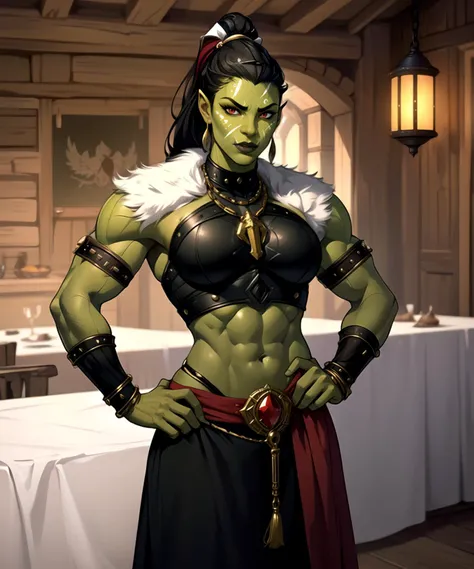 woman, shewoworc, olive green skin, (perfect face), defined jawline, beautiful dark green lips, (beautiful bright red eyes), (long black braided ponytail:1.2), (green skin), (perfect anatomy), (athletic body), (sexy), exposed midriff, abs, (white tribal face paint;1.2), (intricate black tribal heavy-plated rugged breastplate, white fur lining:1.2), (intricate silver arm bracers studded with gems), (intricate ancient tribal bone necklace), (standing, hand on waist, flexing biceps), (looking at viewer), (medium shot photograph), (medieval fantasy tavern interior background:1.2), <lora:sxz-orcs:0.6>, realistic