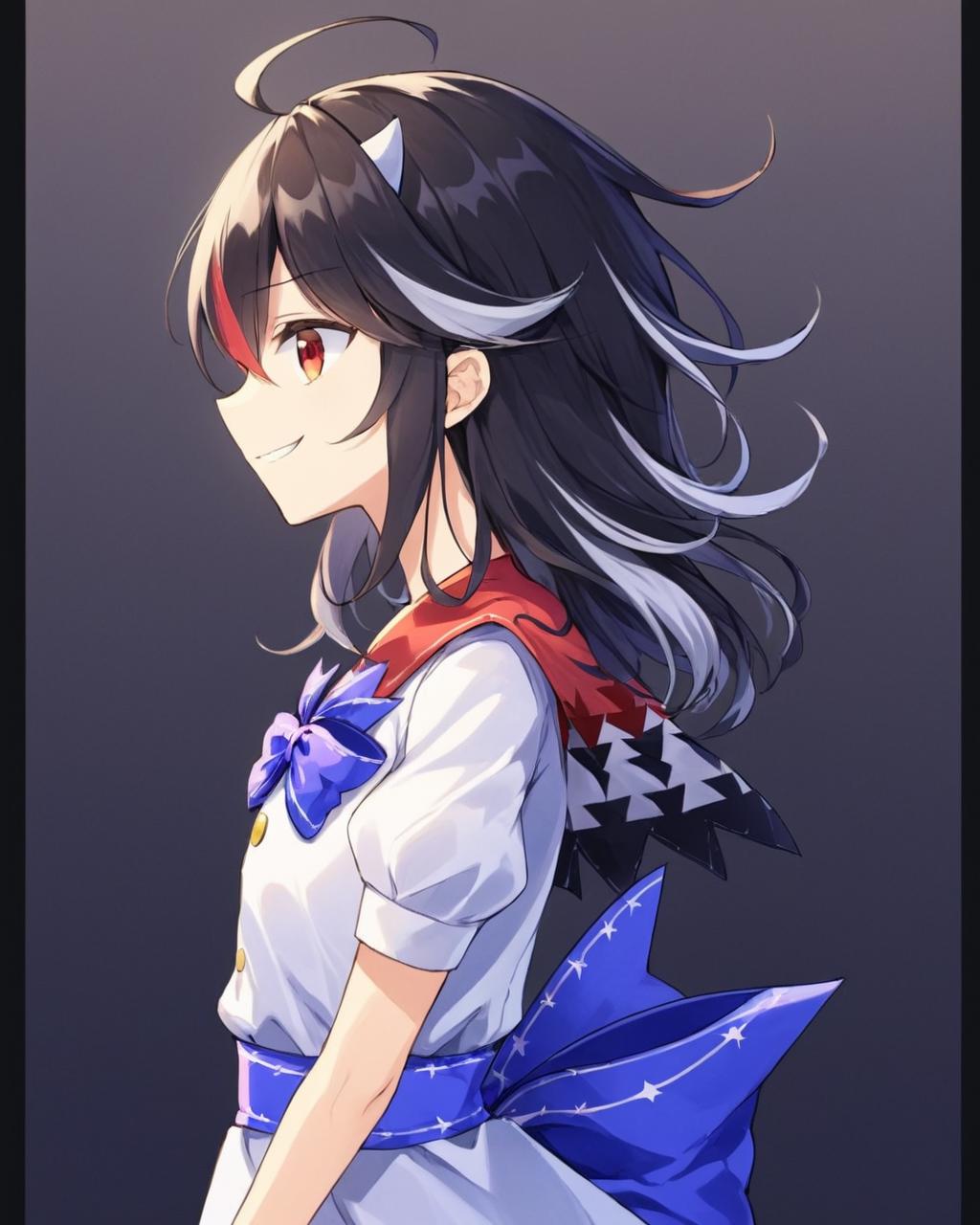 Anime girl with long black hair and a white shirt and blue bow - SeaArt AI