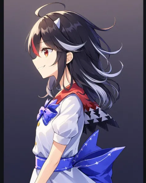 kijin seija,1girl, solo, horns, short_sleeves, white_dress, blue_bowtie, profile, blue_sash, from_side, cloud, black_border, standing, grin
<lora:kijin_seija_image4523_2023-12-20-000008:1>,star-shaped_pupils,symbol-shaped_pupils,. gorgeous,key visual, vibrant, studio anime,award-winning, professional, highly detailed,high budget, cinemascope