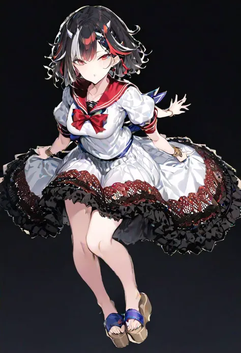 masterpiece, best quality, ultra-detailed, beautiful, nai3, 1girl, solo, full_body, tachi-e,
kijin_seija, solo, 1girl, too_many_lace, lace, skirt, ribbon, multicolored_hair, jewelry, puffy_sleeves, short_sleeves, earrings, puffy_short_sleeves, bowtie, black_hair, streaked_hair, sailor_collar, stud_earrings, cone_horns, arrow_\(symbol\), sandals, short_hair, red_eyes, bow, bracelet, dress, hair_flaps,