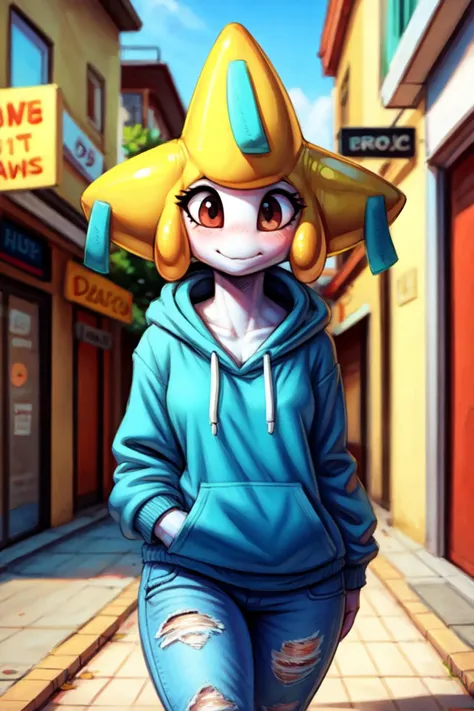 uploaded on e621, explicit content, (cutesexyrobutts, hioshiru, cooliehigh:0.4), female, jirachi, white body, (noseless:1.2), urban setting, closeup, three-quarter portrait, walking, sidewalk, (jeans, baggy hoodie)
<lora:Jirachi:1>
