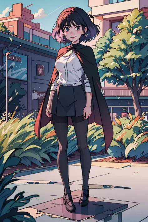 (masterpiece:1.4), (best qualit:1.4), (high resolution:1.4), kaisa, sleeveless sweater, long sleeved shirt, cape, skirt, pantyhose, black shoes, nameplate, smile, outdoors, grasslands, looking at viewer, <lora:kaisa_v1:1>