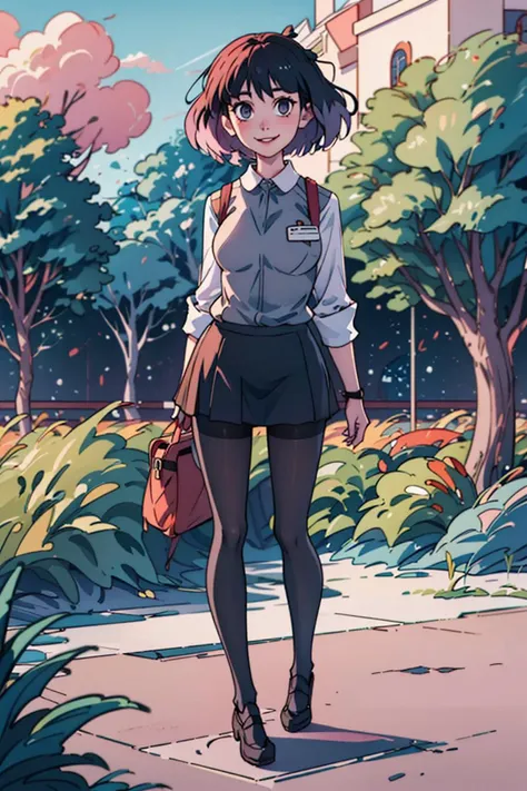 (masterpiece:1.4), (best qualit:1.4), (high resolution:1.4), kaisa, sleeveless sweater, long sleeved shirt, skirt, pantyhose, black shoes, nameplate, smile, outdoors, grasslands, looking at viewer, <lora:kaisa_v1:1>