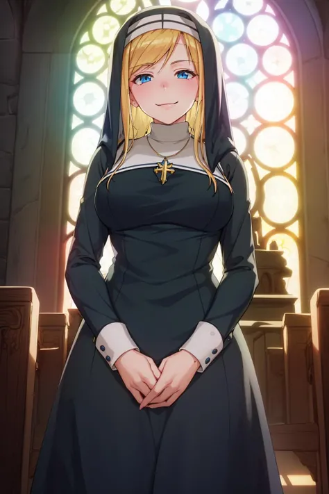 (extremely detailed fine touch:1.2), (natural light, sun light, light rays, dappled light,ray tracing:1.2), mature female , (evil smile:1.2) , hourglass body , Masterpiece, best quality, highly detailed , <lora:M_Takayama1:0.7> , MTkym-KJ , neck cover, black dress, black veil, necklace, nun, habit , long sleeves , long dress , (church background:1.2) , (blush:1.2)