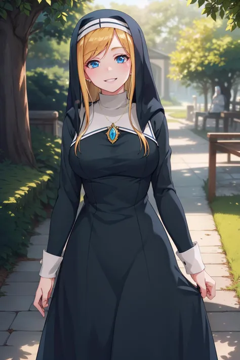 (extremely detailed fine touch:1.2), (natural light, sun light, light rays, dappled light,ray tracing:1.2), hourglass body , Masterpiece, best quality, highly detailed , <lora:M_Takayama1:0.7> , MTkym-KJ , neck cover, black dress, black veil, necklace, nun, habit , long sleeves , long dress , park , (blush:1.2)