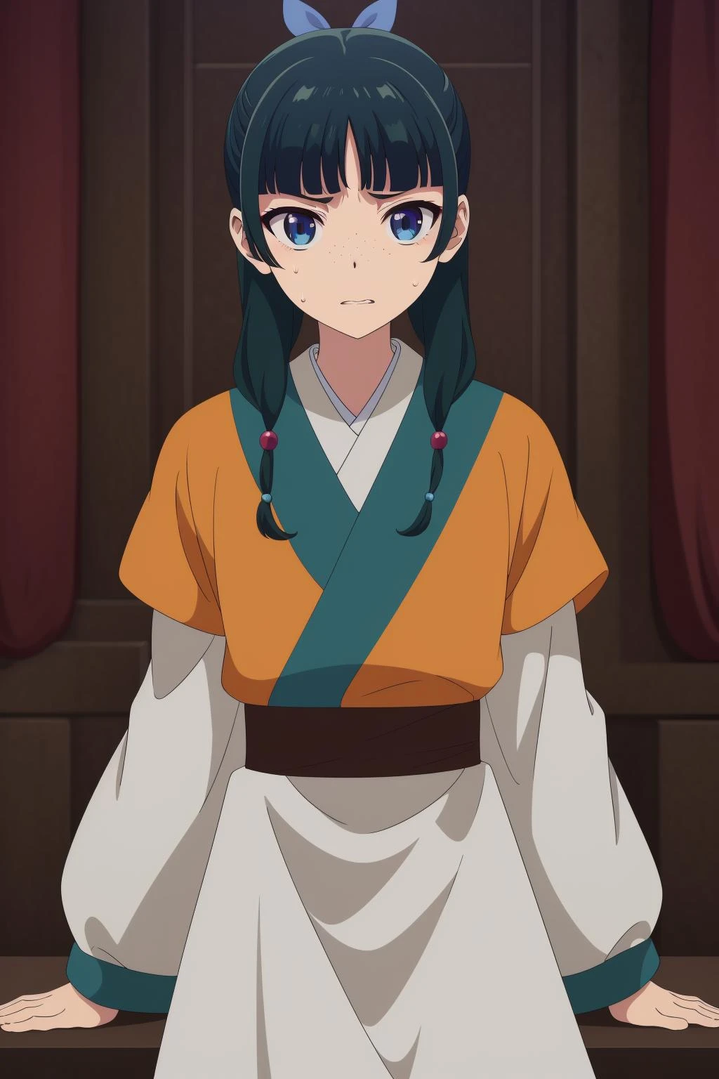 wariza,lattice,(disgust,grimace,sweatdrop,shaded face)
<lora:maomao1Ve:0.8>,maomao,1girl,blunt bangs,green hair,long hair,blue eyes,solo,
xiyifu,hanfu,sidelocks,twin braids,hair over shoulder,hair beads,half updo,single hair bun,hair ribbon,blue ribbon,freckles,orange japanese clothes,white sleeves,layered sleeves,short over long sleeves,white skirt,long skirt,brown sash,shoes,, Exquisite visuals, high-definition,masterpiece,best quality,, 18yo,Young female,Beautiful Fingers,Beautiful long legs,Beautiful body,Beautiful Nose,Beautiful character design, perfect eyes, perfect face,expressive eyes,
official art,extremely detailed CG unity 8k wallpaper, perfect lighting,Colorful, Bright_Front_face_Lighting,shiny skin,
(masterpiece:1.0),(best_quality:1.0), ultra high res,4K,ultra-detailed,
photography, 8K, HDR, highres, absurdres:1.2, Kodak portra 400, film grain, blurry background, bokeh:1.2, lens flare, (vibrant_color:1.2), (beautiful_face:1.5),(narrow_waist), ,NSFW,