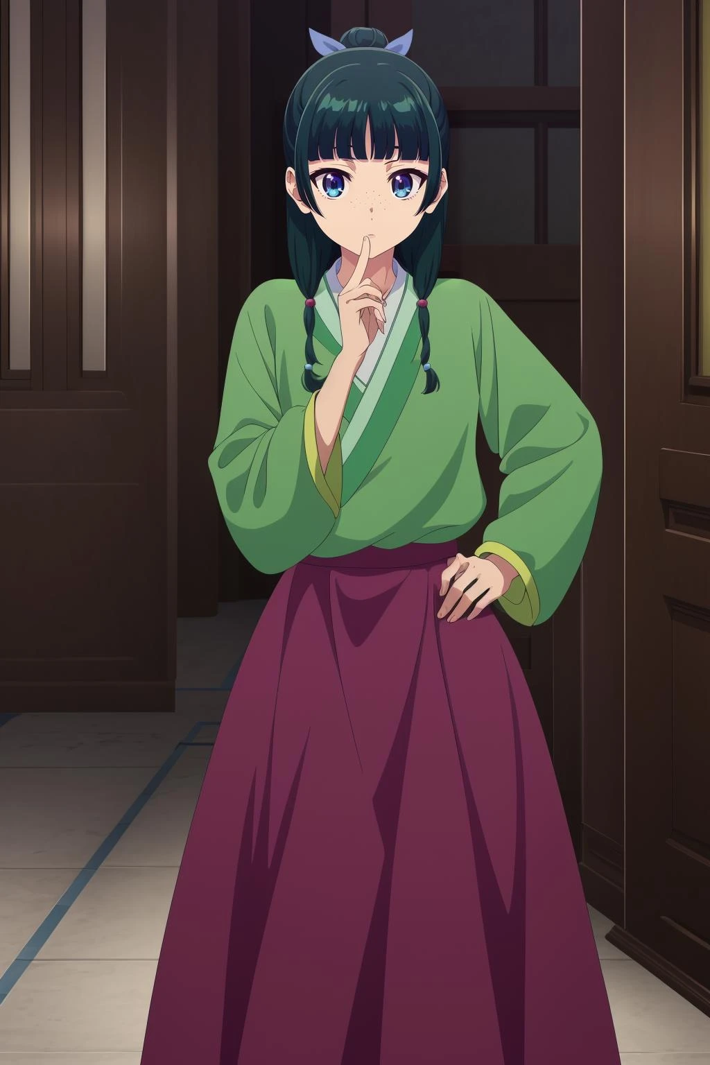 cowboy shot,hand on hip,
<lora:maomao1Ve:0.8>,maomao,1girl,blunt bangs,green hair,long hair,blue eyes,solo,
gonvgreen,sidelocks,twin braids,hair over shoulder,hair beads,half updo,single hair bun,hair ribbon,blue ribbon,freckles,hanfu,green japanese clothes,long sleeves,wide sleeves,purple skirt,long skirt,shoes, Exquisite visuals, high-definition,masterpiece,best quality,, 18yo,Young female,Beautiful Fingers,Beautiful long legs,Beautiful body,Beautiful Nose,Beautiful character design, perfect eyes, perfect face,expressive eyes,
official art,extremely detailed CG unity 8k wallpaper, perfect lighting,Colorful, Bright_Front_face_Lighting,shiny skin,
(masterpiece:1.0),(best_quality:1.0), ultra high res,4K,ultra-detailed,
photography, 8K, HDR, highres, absurdres:1.2, Kodak portra 400, film grain, blurry background, bokeh:1.2, lens flare, (vibrant_color:1.2), (beautiful_face:1.5),(narrow_waist), ,NSFW,