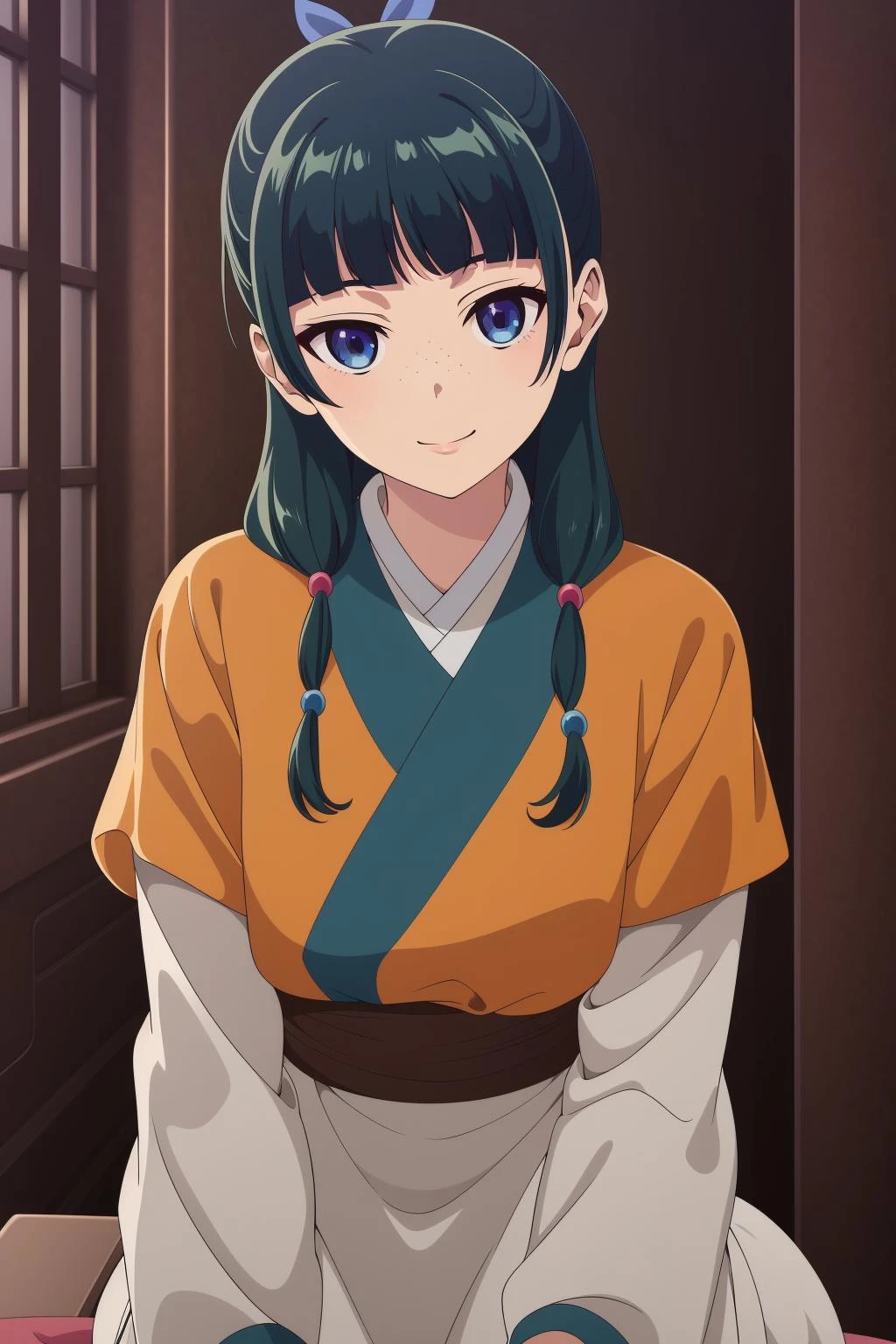 wariza,smile,
<lora:maomao1Ve:0.8>,maomao,1girl,blunt bangs,green hair,long hair,blue eyes,solo,
xiyifu,hanfu,sidelocks,twin braids,hair over shoulder,hair beads,half updo,single hair bun,hair ribbon,blue ribbon,freckles,orange japanese clothes,white sleeves,layered sleeves,short over long sleeves,white skirt,long skirt,brown sash,shoes,, Exquisite visuals, high-definition,masterpiece,best quality,, 18yo,Young female,Beautiful Fingers,Beautiful long legs,Beautiful body,Beautiful Nose,Beautiful character design, perfect eyes, perfect face,expressive eyes,
official art,extremely detailed CG unity 8k wallpaper, perfect lighting,Colorful, Bright_Front_face_Lighting,shiny skin,
(masterpiece:1.0),(best_quality:1.0), ultra high res,4K,ultra-detailed,
photography, 8K, HDR, highres, absurdres:1.2, Kodak portra 400, film grain, blurry background, bokeh:1.2, lens flare, (vibrant_color:1.2), (beautiful_face:1.5),(narrow_waist), ,NSFW,