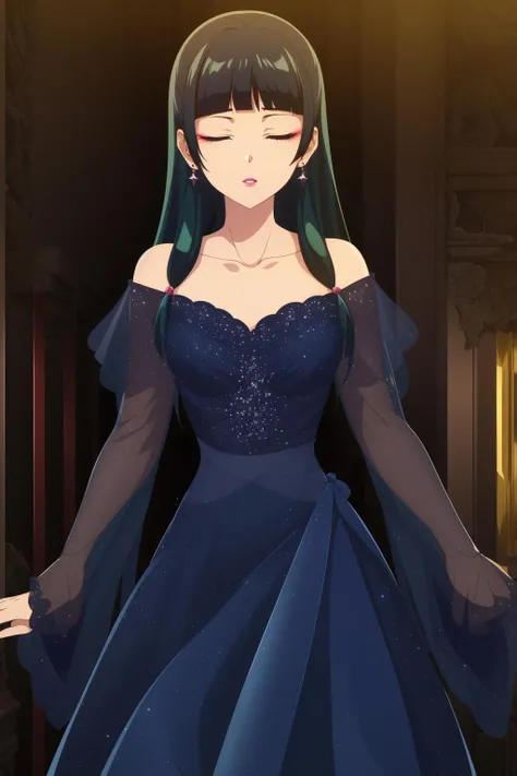 <lora:maomao1Ve:0.8>,maomao,1girl,blunt bangs,green hair,long hair,blue eyes,solo,
meizhuan,collarbone,earrings,jewelry,makeup,eyeshadow,lipstick,hime cut,black dress,midriff,wide sleeves,high heels,
(parted lips,closed eyes), Exquisite visuals, high-definition,masterpiece,best quality,, 18yo,Young female,Beautiful Fingers,Beautiful long legs,Beautiful body,Beautiful Nose,Beautiful character design, perfect eyes, perfect face,expressive eyes,
official art,extremely detailed CG unity 8k wallpaper, perfect lighting,Colorful, Bright_Front_face_Lighting,shiny skin, 
(masterpiece:1.0),(best_quality:1.0), ultra high res,4K,ultra-detailed,
photography, 8K, HDR, highres, absurdres:1.2, Kodak portra 400, film grain, blurry background, bokeh:1.2, lens flare, (vibrant_color:1.2), (beautiful_face:1.5),(narrow_waist), ,NSFW,