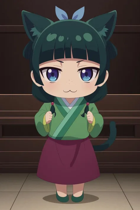 chibi,full body,(jitome,no pupils,triangle mouth),cat ears,animal ear fluff,:3,cat tail,cat girl,kemonomimi mode,
<lora:maomao1Ve:0.8>,maomao,1girl,blunt bangs,green hair,long hair,blue eyes,solo,
gonvgreen,sidelocks,twin braids,hair over shoulder,hair beads,half updo,single hair bun,hair ribbon,blue ribbon,freckles,hanfu,green japanese clothes,long sleeves,wide sleeves,purple skirt,long skirt,shoes,, Exquisite visuals, high-definition,masterpiece,best quality,, 18yo,Young female,Beautiful Fingers,Beautiful long legs,Beautiful body,Beautiful Nose,Beautiful character design, perfect eyes, perfect face,expressive eyes,
official art,extremely detailed CG unity 8k wallpaper, perfect lighting,Colorful, Bright_Front_face_Lighting,shiny skin, 
(masterpiece:1.0),(best_quality:1.0), ultra high res,4K,ultra-detailed,
photography, 8K, HDR, highres, absurdres:1.2, Kodak portra 400, film grain, blurry background, bokeh:1.2, lens flare, (vibrant_color:1.2), (beautiful_face:1.5),(narrow_waist), ,NSFW,