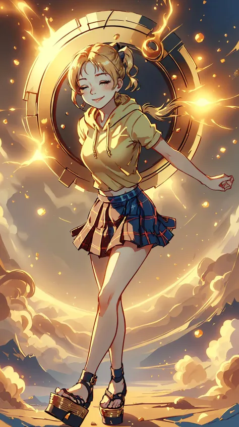 <lora:MidasMagic-22:1.0> midasmagic, golden aura , glint, masterpiece, best quality, 1girl, solo, 1girl, solo, afterimage, hospital, evening, arms behind back, blond hair, short blond hair, side ponytail, coral eyes, shortstack, wide hips, gradient hoodie, pleated plaid_skirt, shield, platform sandals, breasts, (closed eyes:1.2), smile