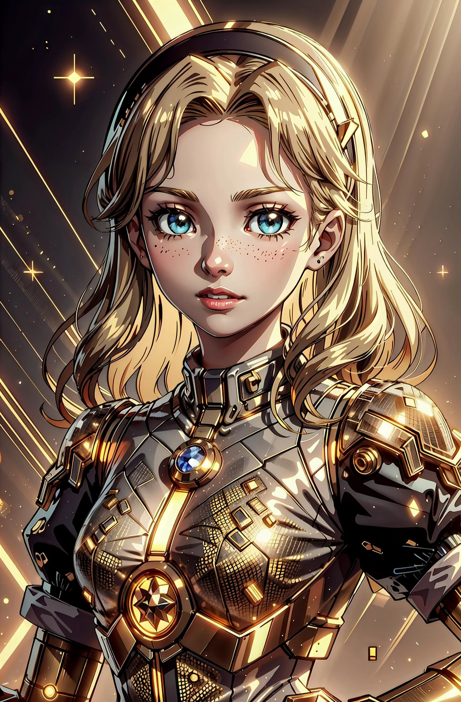 (masterpiece, best quality, detailed), high contrast, bright lights, (portrait, simple background, light rays, elegant:1.3), (gold color scheme:1.2), <lora:MidasMagic-22:0.7> midasmagic, glint, gleam, <lora:CarthageTech:0.5> carthagetech, gold mosaic, BREAK <lora:maria_robotnik-v2:0.8> mariarobotnik, long hair, blonde hair, hairband, puffy sleeves, (freckles, pale, blush:0.6),