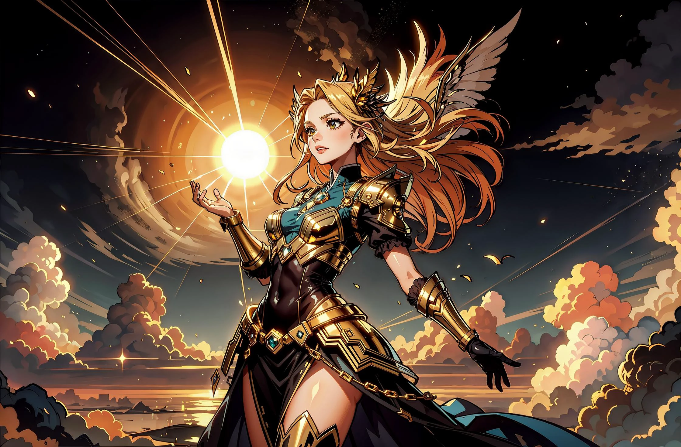 (masterpiece, best quality, detailed), high contrast, (cloudscape:1.2), bright lights, (gold color scheme:1.2), <lora:MidasMagic-22:0.5> midasmagic, glint, gleam, BREAK sky, clouds, horizon, bright sun, [giant crater : 20],