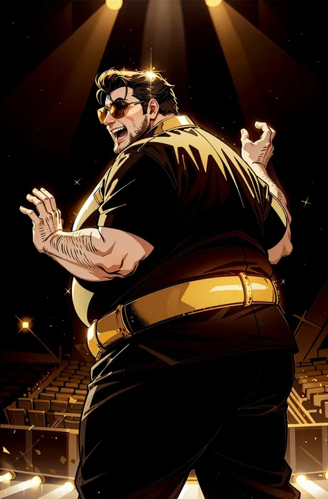 (masterpiece, best quality, detailed), high contrast, bright lights, (backlighting, stage lights, laughing:1.2), (gold color scheme:1.2), <lora:MidasMagic-22:0.3> midasmagic, glint, gleam, sparkles, BREAK 1boy, (fat, shades, dressing as elvis:1.1), simple background, <lora:weight_slider_v2:2>