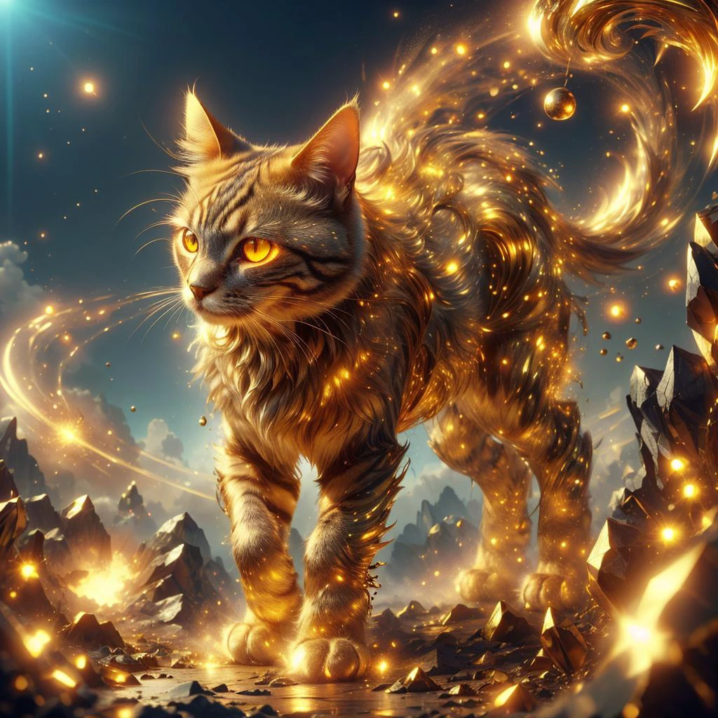 <lora:add_detail:0.3>
<lora:MidasMagic-22:0.8>, midasmagic, golden aura , glint,
fantasy, mystical beast, glowing eyes,animal , cat