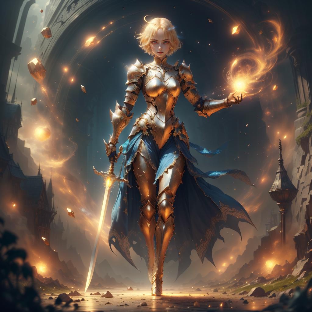 A woman in armor holding a sword and a fire - SeaArt AI