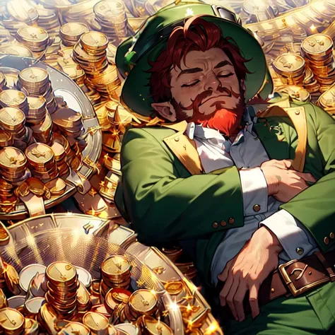 masterpiece, best quality, official art, extremely detailed CG unity 8k wallpaper, (leprechaun:1.5), 1boy, solo, (smile:0.5), (red beard:1.2), red hair, lying down, (eyes closed:1.5), from above, leprechaun hat, green outfit, pointed ear, blank background, simple background, belt, pants, hands on belly, (pile of gold coins:2), from above, <lora:MidasMagic:0.25> midasmagic, golden aura, glint