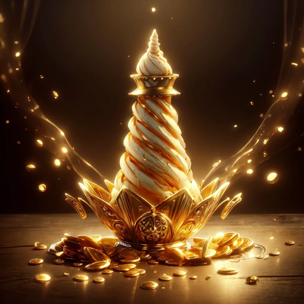 masterpiece, best quality, highres, ultra-detailed, table, (gold ice cream cone:1.1), dessert, dessert, sweets, (gold coins:1.3), <lora:MidasMagic-22:1> midasmagic, golden aura, glint,