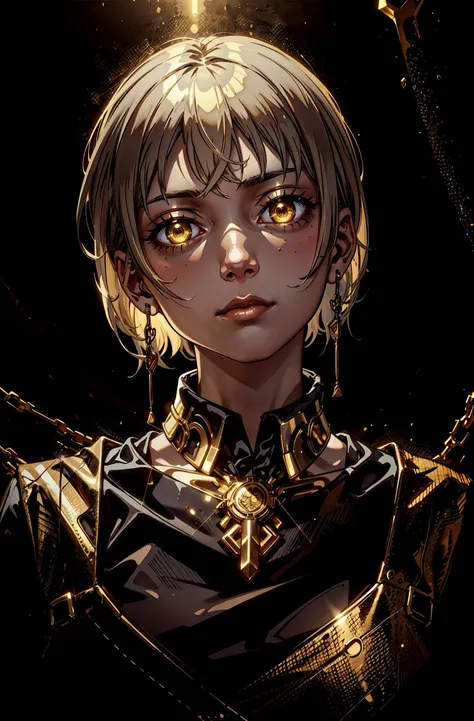 (masterpiece, best quality, detailed), high contrast, (head tilt, closed mouth:1.2), portrait, backlighting, (gold color scheme:1.2), <lora:MidasMagic-22:0.5> midasmagic, glint, gleam, outline, BREAK 1girl, <lora:fami:0.8> fami, grey hair, short hair, earrings, expressionless, wide-eyed, (freckles:0.6), golden clothes, BREAK (yellow eyes, glowing eyes:1.2), night, <lora:TCV:0.3>