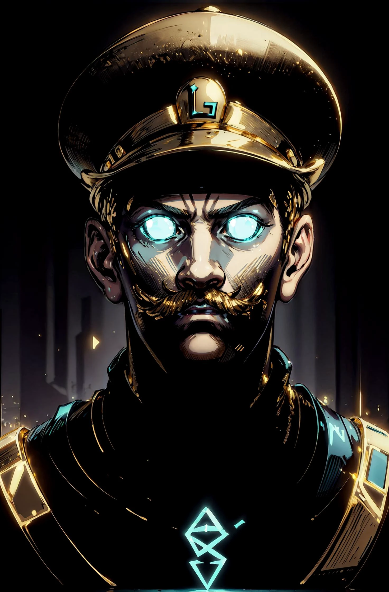 (masterpiece, best quality, detailed), high contrast, portrait, (bright light:1.2), (gold color scheme:1.2), <lora:MidasMagic-22:0.4> midasmagic, glint, gleam, 1boy, <lora:Luigi:0.8> Luigi, green hat, mustache, closed mouth, BREAK backlighting, <lora:GlowingRunesAIv4-000005:0.8> GlowingRunes_paleblue, <lora:LowRA:0.4>