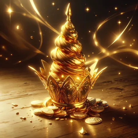 masterpiece, best quality, highres, ultra-detailed, table, (gold ice cream cone:1.1), dessert, dessert, sweets, (gold coins:1.3), <lora:MidasMagic-22:1> midasmagic, golden aura, glint,