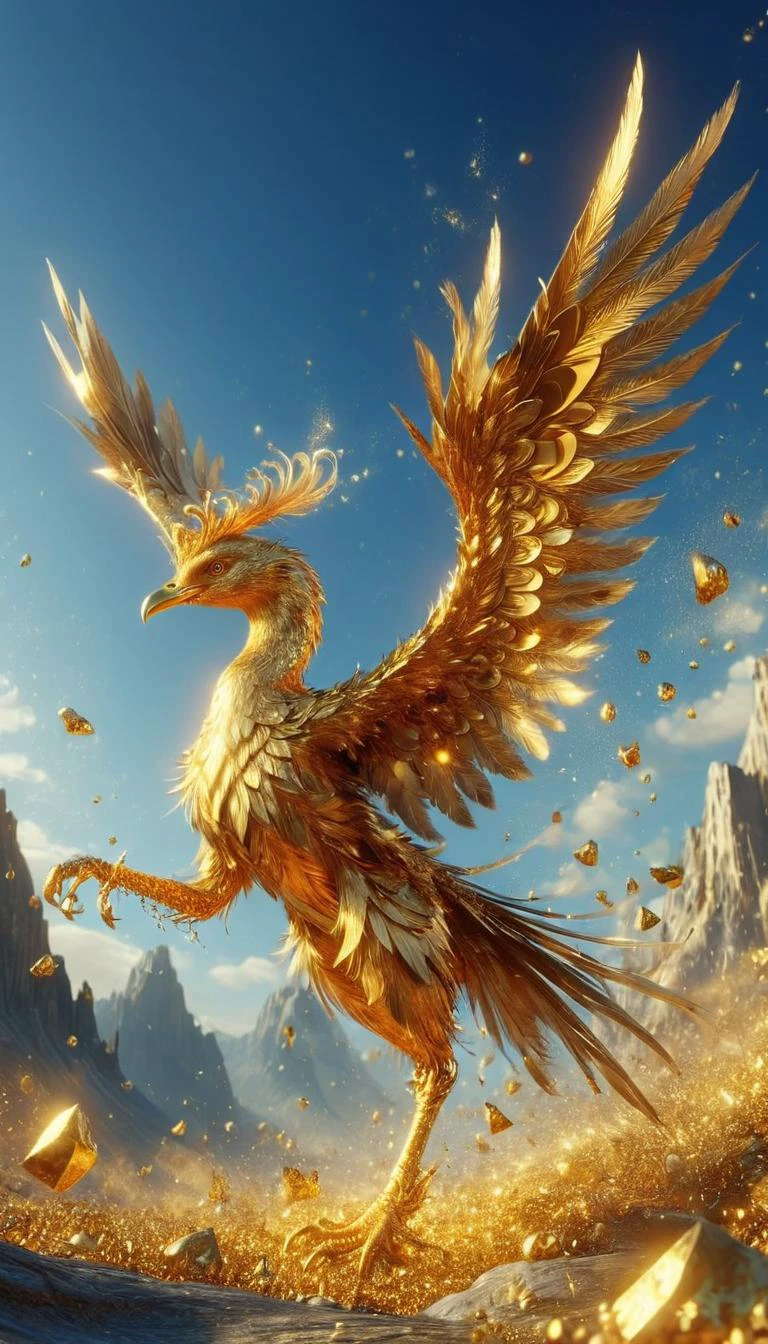 ethereal fantasy concept art of MidasMagic, giant golden bird soars over the deserted mountainous area, particles of gold scatter around in the wind, clear blue sky, 4K, high detail, fantasy style . magnificent, celestial, ethereal, painterly, epic, majestic, magical, fantasy art, cover art, dreamy, brave, shocking, and brutally true art showing MidasMagic, giant golden bird soars over the deserted mountainous area, particles of gold scatter around in the wind, clear blue sky, 4K, high detail, fantasy style. inspired by courage and unlimited creativity. truth found in chaos. best quality, high resolution, MidasMagic, giant golden bird soars over the deserted mountainous area, particles of gold scatter around in the wind, clear blue sky, 4K, high detail, fantasy style, warm colors, light atmosphere, great composition, cinematic, dynamic detailed, intricate, elegant, epic, rich deep color, highly saturated, sharp focus, majestic, artistic, very inspirational, stunning