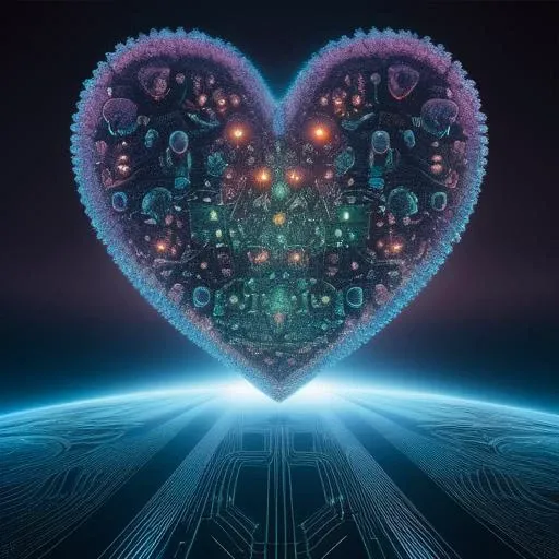 circuit board digital abstract forms of hearts and minds in a vast expanse of balls of light floating in an infinite abyss, isolation auras, hyperrealist exactitude, masterpiece digital art, 3d, hd, depth, surreal. vray, A grotto, gothic, Enlightenment, optical art, styles of Andreas Achenbachand Sandro Botticelli (Renaissance), granular context, alien, risograph, animecore