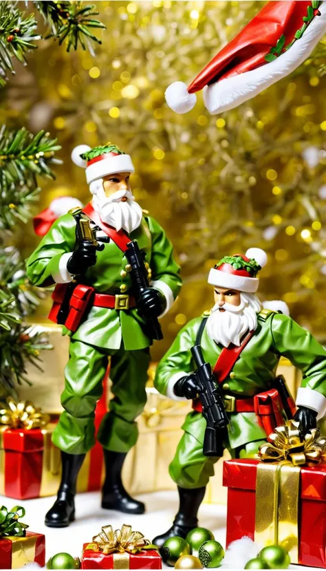 mistletoe mercenaries, soldiers, wrapping paper, masterpiece, best quality, high quality, absurdres, golden theme <lora:wrapping_paper_xl_v1:1>