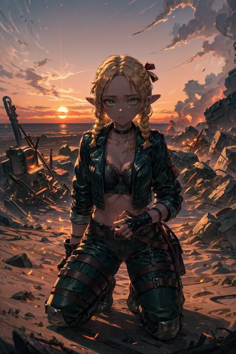 masterpiece,best quality,1girl,solo,medium breasts,wide hips,marcille donato,elf,pointy ears,blonde hair,long hair,twin braids,green eyes,hair ribbon,red ribbon,forehead,leather jacket,leather pants,strapless bra,midriff,black jacket,tight pants,black choker,zipper,fingerless gloves,biker clothes,spikes,multiple belts,black boots,expressionless,(half-closed eyes:0.8),(on one knee),(wasteland,sand,dusk,smoke,rock,outdoors:1.1),cowboy shot,<lora:Concept-control tool-add_detail-CyberAIchemist:0.7>,<lora:CHAR-Delicious in Dungeon-Marcille Donato-v1-AI_popai:0.7>,