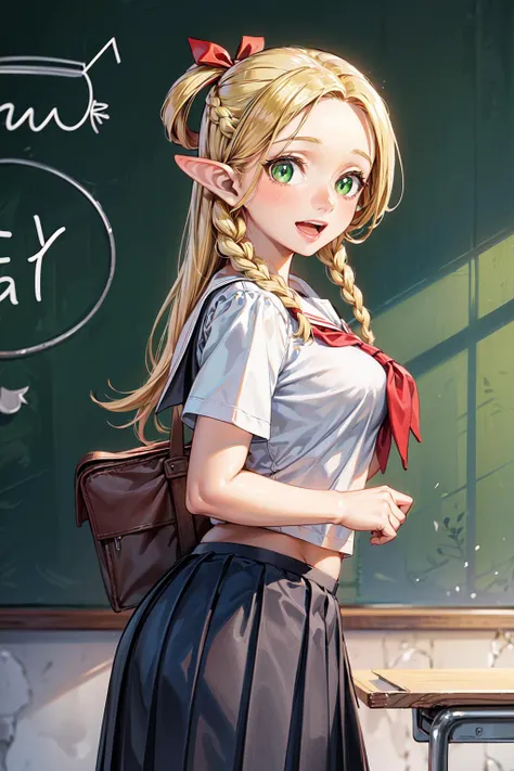 masterpiece,best quality,1girl,medium breasts,wide hips,marcille donato,elf,pointy ears,blonde hair,long hair,twin braids,green eyes,forehead,hair ribbon,red ribbon,((school uniform,pleated skirt,neckerchief)),smile,open mouth,classroom,chalkboard,from side,<lora:Concept-control tool-add_detail-CyberAIchemist:0.8>,<lora:CHAR-Delicious in Dungeon-Marcille Donato-v1-AI_popai:0.7>,