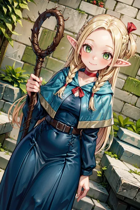 masterpiece,best quality,1girl,medium breasts,wide hips,marcille donato,elf,pointy ears,blonde hair,long hair,twin braids,green eyes,forehead,hair ribbon,red ribbon,red choker,blue capelet,robe,long dress,blue dress,long sleeves,belt,wide sleeves,skirt,pants,pants under skirt,smile,holding,holding staff,dutch angle,stone wall,<lora:Concept-control tool-add_detail-CyberAIchemist:0.8>,<lora:CHAR-Delicious in Dungeon-Marcille Donato-v1-AI_popai:0.8>,