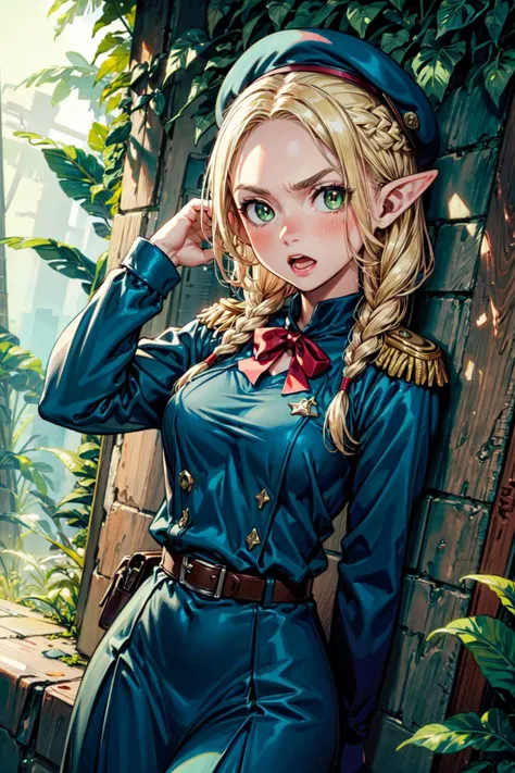 masterpiece,best quality,1girl,medium breasts,wide hips,marcille donato,elf,pointy ears,blonde hair,long hair,twin braids,green eyes,forehead,(military uniform,military,soldier,belt,pants,beret,jacket,badge,epaulettes),serious,v-shaped eyebrows,open mouth,forest,tropical,leaf,dutch angle,<lora:Concept-control tool-add_detail-CyberAIchemist:0.8>,<lora:CHAR-Delicious in Dungeon-Marcille Donato-v1-AI_popai:0.7>,