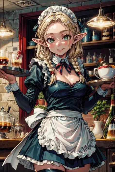 masterpiece,best quality,1girl,solo,medium breasts,wide hips,marcille donato,elf,pointy ears,blonde hair,long hair,twin braids,green eyes,forehead,maid,maid headdress,maid apron,black dress,frills,thighhighs,bow,cleavage,neck ribbon,puffy sleeves,white thighhighs,smile,holding tray,cafe,indoors,<lora:Concept-control tool-add_detail-CyberAIchemist:0.7>,<lora:CHAR-Delicious in Dungeon-Marcille Donato-v1-AI_popai:0.7>,