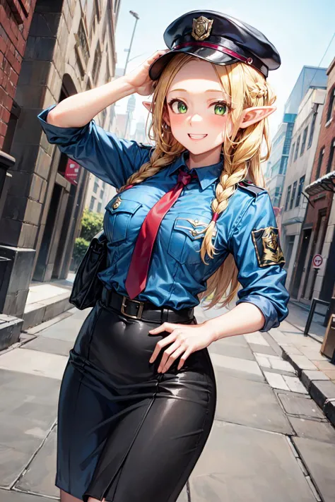 masterpiece,best quality,1girl,solo,medium breasts,wide hips,marcille donato,elf,pointy ears,blonde hair,long hair,twin braids,green eyes,hair ribbon,red ribbon,forehead,policewoman,police uniform,police hat,necktie,badge,pencil skirt,armband,breast pocket,grin,hand on headwear,city,street,dutch angle,<lora:Concept-control tool-add_detail-CyberAIchemist:0.8>,<lora:CHAR-Delicious in Dungeon-Marcille Donato-v1-AI_popai:0.7>,