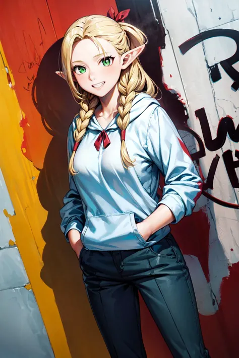 masterpiece,best quality,1girl,solo,medium breasts,wide hips,marcille donato,elf,pointy ears,blonde hair,long hair,twin braids,green eyes,hair ribbon,red ribbon,forehead,cool and edgy attire,baggy pants,oversized hoodie,fashionable accessories,hip hop jewelry,grin,((hands in pockets)),urban and street style,graffiti-inspired colors,confident expression,graffiti walls,energetic and vibrant atmosphere,dutch angle,<lora:Concept-control tool-add_detail-CyberAIchemist:0.8>,<lora:CHAR-Delicious in Dungeon-Marcille Donato-v1-AI_popai:0.7>,