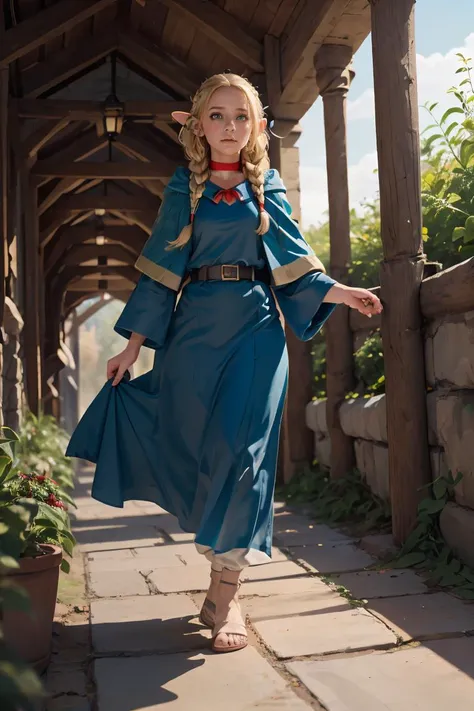 (masterpiece, best quality), 1girl, <lora:marcille_donato:0.8> marcille donato,elf,pointy ears,long hair,twin braids,hair ribbon,red choker,blue capelet,robe,long dress,blue dress,long sleeves,red ribbon,belt,wide sleeves,skirt,pants,pants under skirt,sandals,white footwear