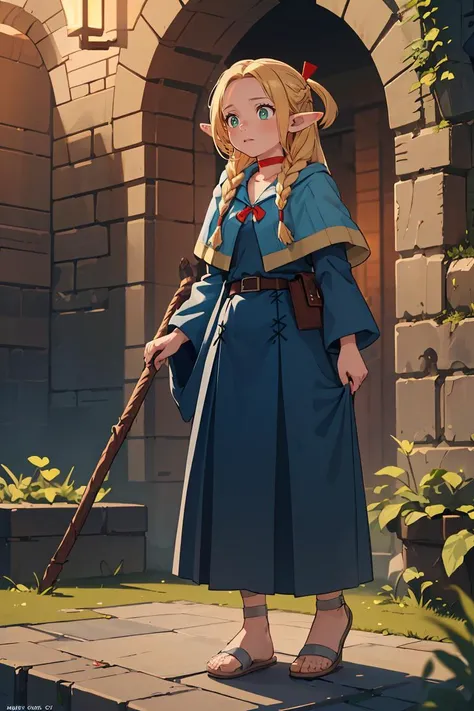 (masterpiece, best quality), 1girl, <lora:marcille_donato:0.8> marcille donato,elf,pointy ears,long hair,twin braids,hair ribbon,red choker,blue capelet,robe,long dress,blue dress,long sleeves,red ribbon,belt,wide sleeves,skirt,pants,pants under skirt,sandals,white footwear