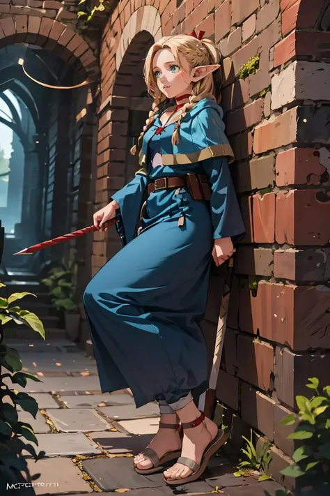 (masterpiece, best quality), 1girl, <lora:marcille_donato:0.8> marcille donato,elf,pointy ears,long hair,twin braids,hair ribbon,red choker,blue capelet,robe,long dress,blue dress,long sleeves,red ribbon,belt,wide sleeves,skirt,pants,pants under skirt,sandals,white footwear