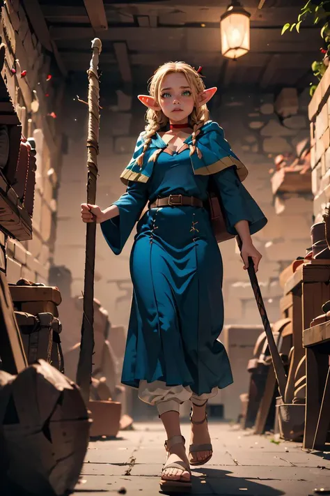 (masterpiece, best quality), 1girl, <lora:marcille_donato:0.8> marcille donato,elf,pointy ears,long hair,twin braids,hair ribbon,red choker,blue capelet,robe,long dress,blue dress,long sleeves,red ribbon,belt,wide sleeves,skirt,pants,pants under skirt,sandals,white footwear