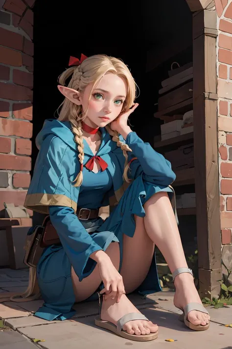(masterpiece, best quality), 1girl, <lora:marcille_donato:0.8> marcille donato,elf,pointy ears,long hair,twin braids,hair ribbon,red choker,blue capelet,robe,long dress,blue dress,long sleeves,red ribbon,belt,wide sleeves,skirt,pants,pants under skirt,sandals,white footwear