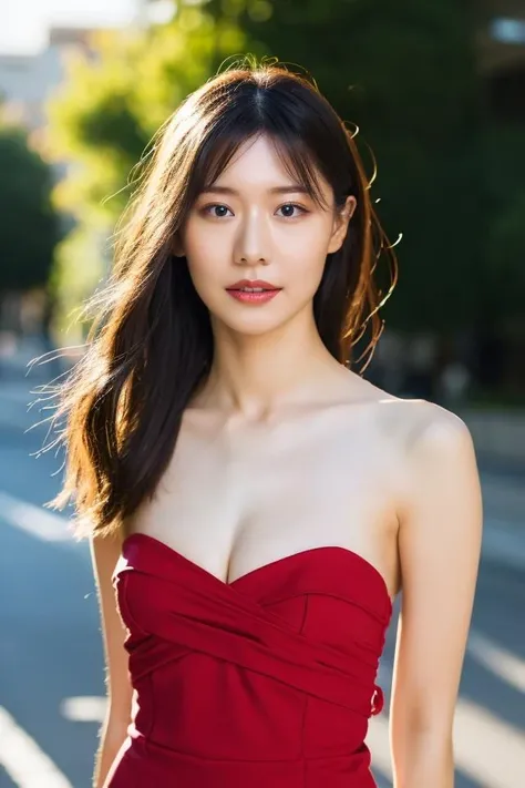 1girl,sexy pose,best quality,masterpiece,illustration,an extremely delicate and beautiful,CG,unity,8k wallpaper,Amazing,finely detail,masterpiece,official art,extremely detailed CG unity 8k wallpaper,incredibly absurdres,huge filesize,ultra-detailed,highres,extremely detailed,beautiful detailed girl,realistic,full frontal,outdoors,skirt,<lora:Kabashima Hikari:0.8>,shrug_(clothing),red long dress,