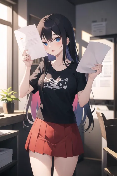 1girl, casual clothes, skirt, t-shirt, long hair, short sleeves, holding paper, indoors, standing, paper, kanji